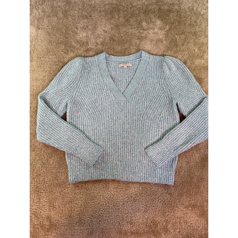 Loft Women’s Size Large Soft Knit V-Neck Sweater Blue Cropped Stretch D533